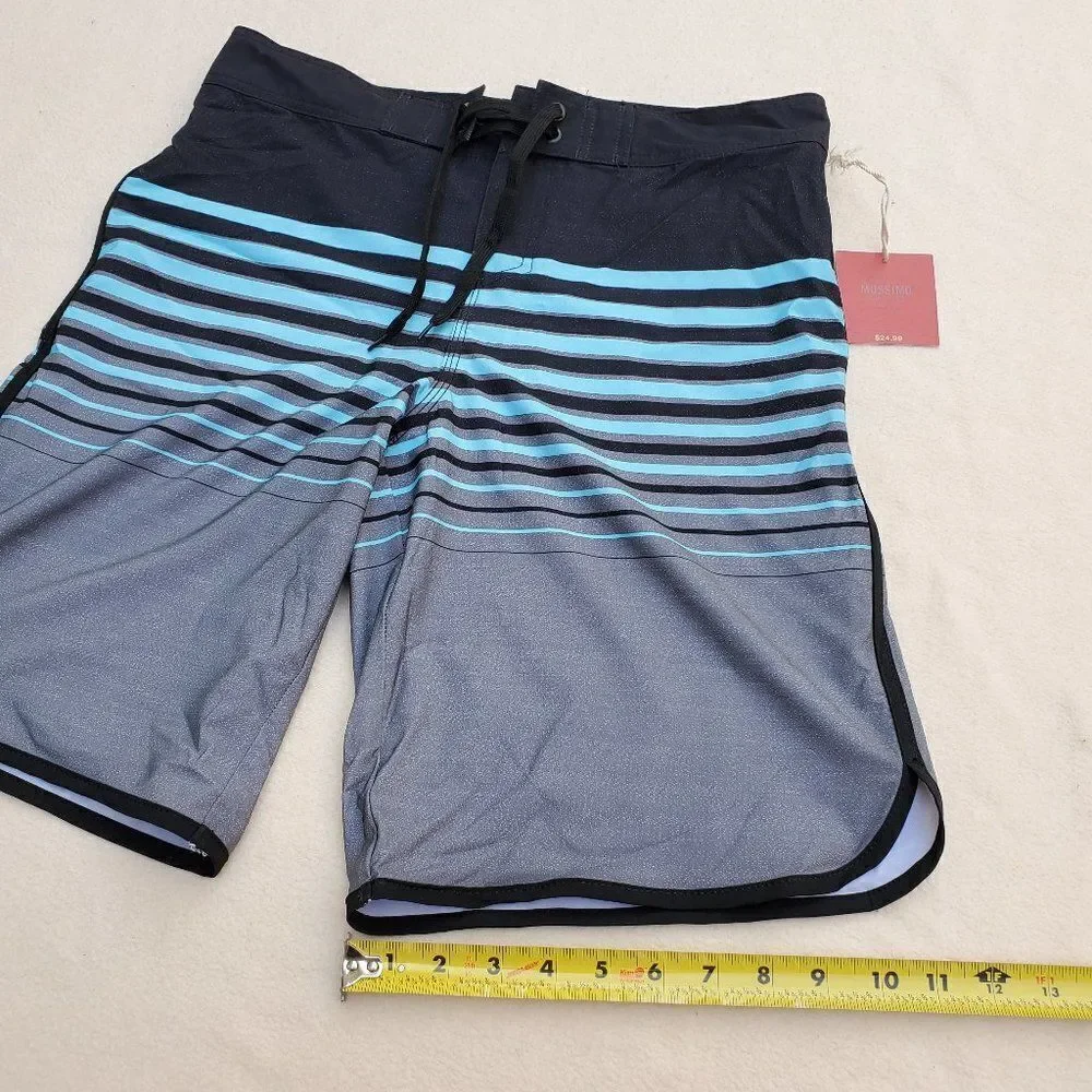Mossimo black, teal, and gray striped board shorts
